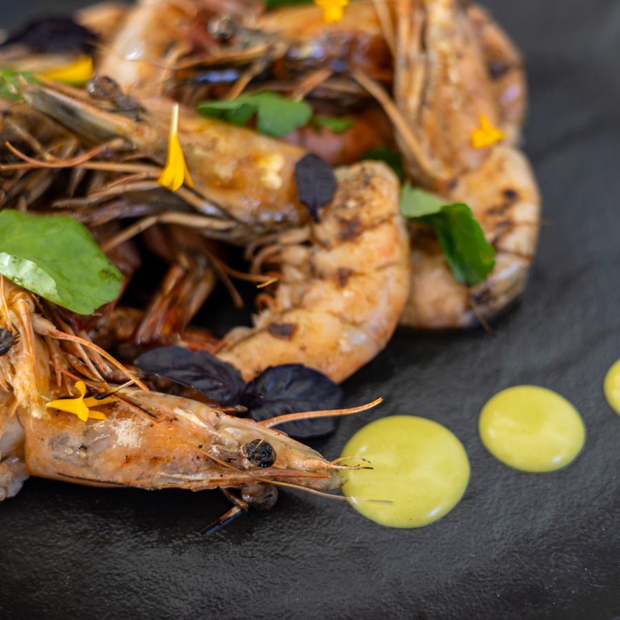 Grilled prawns on a black plate with dots of yellow sauce